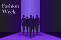 Fashion week illustration, spotlights, catwalk, models on the podium